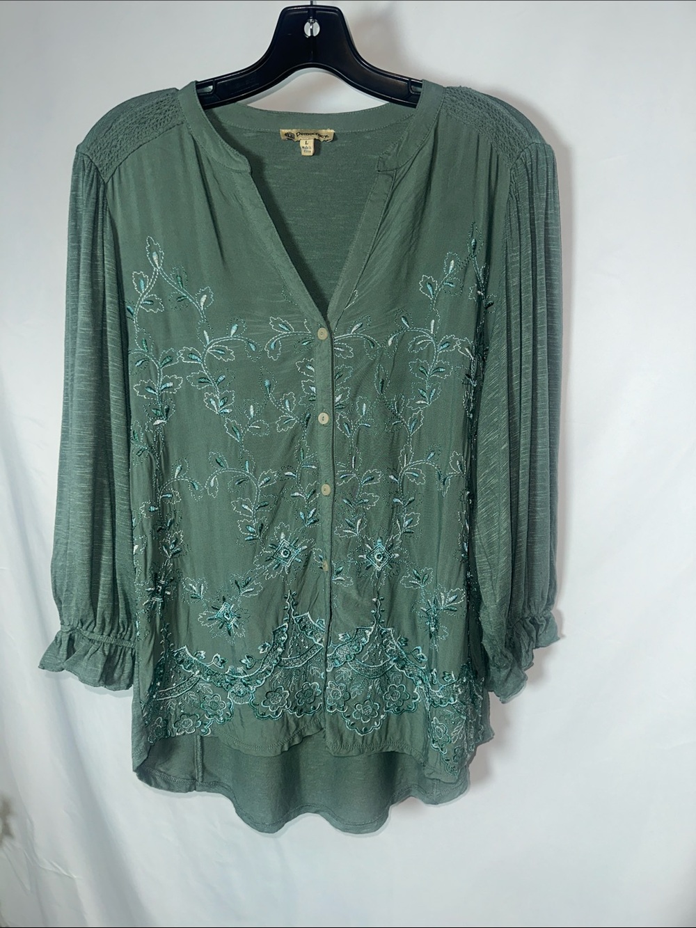 Democracy Olive Green Embroidered Button-Front Blouse